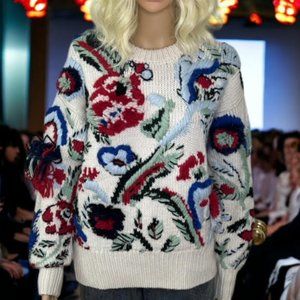 TORY BURCH Floral Intarsia Hand Knit Embroidered Wool Alpaca Pullover Sweater S